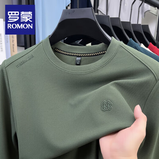 ROMON high-end pure cotton 100% long-sleeved T-shirt pure men's autumn and winter new casual round neck sweatshirt men's top bottoming shirt beige XL 135-150Jin Jin equals 0.5 kg