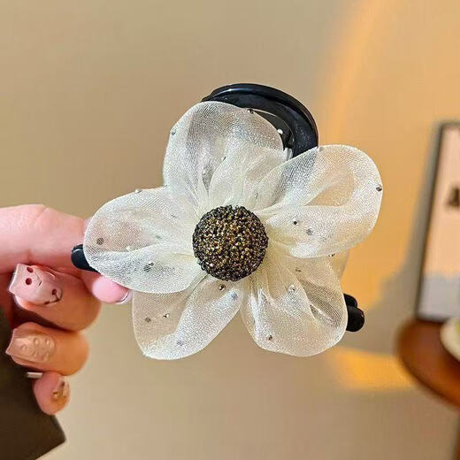 2025 New Mesh Flower Clip Feminine Shark Clip Half-tied Hairpin High Ponytail Korean Style Back of Head Hair Black Flash Diamond Sunflower Clip 1 Pack