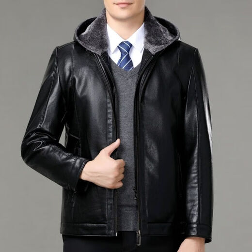 FEEKEKE international first-line luxury brand leather jacket men's sheepskin detachable hood lapel middle-aged thickened warm leather black one size fits all 175/92A