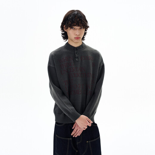 Oiro's shop American retro lazy high-end knitted Henley shirt men's letter printed green sweater couple trend medium gray M