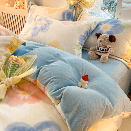 Fu丨Anna winter milk velvet quilt cover single 150x200x230cm single plus velvet quilt cover four-piece set colorful flower + baby blue 1.5m bed sheet four-piece quilt cover 180cm*220cm