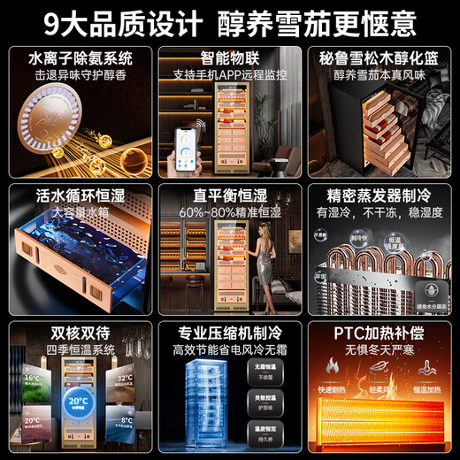 Kelong 608C cigar cabinet with constant temperature and humidity, water ion ammonia removal, smart WiFi, IoT control, air-cooled cedar wood liner shelf, alcohol nourishment, water circulation compressor, refrigeration cigar cabinet, rose gold 3-wake cigar box nourishment + aluminum liner + purified ammonia + WiFi