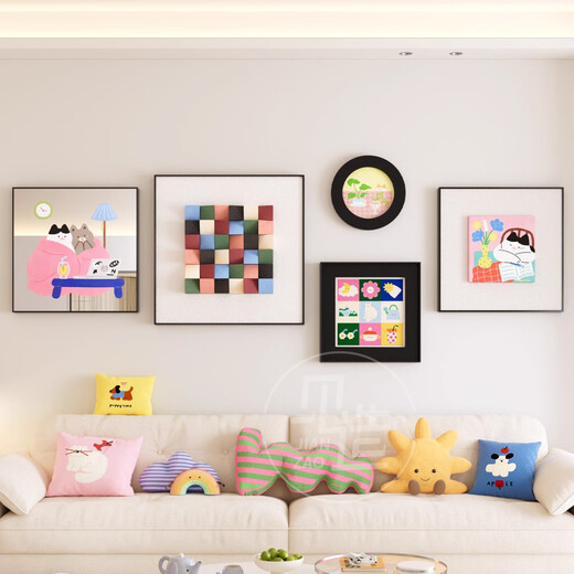 Jianzao three-dimensional solid wood painting dopamine green hanging painting modern style living room sofa background wall high-end decorative painting type B - sandstone texture three-dimensional painting combination medium set suitable for living room sofa 2.6 meters - 3.5 meters black aluminum alloy frame 3.5cm thick three-dimensional wood block + artistic concave and convex cloth printing + glass mirror UV printing