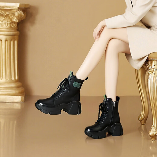 QIPUSEN brand snow boots for women, plus velvet and thickened northeastern cotton shoes for women, 2025 winter new genuine leather wool Martin boots for women, black 37