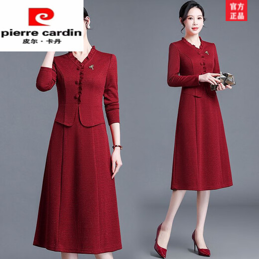 Pierre Cardin Young Mother-in-Law Wedding Dress Noble Cheongsam 2025 Dress Can Be Weared in Autumn as Mother-in-law Wedding Dress Red 2XL (Suitable for 126-135 Jin Jin equals 0.5 kg)