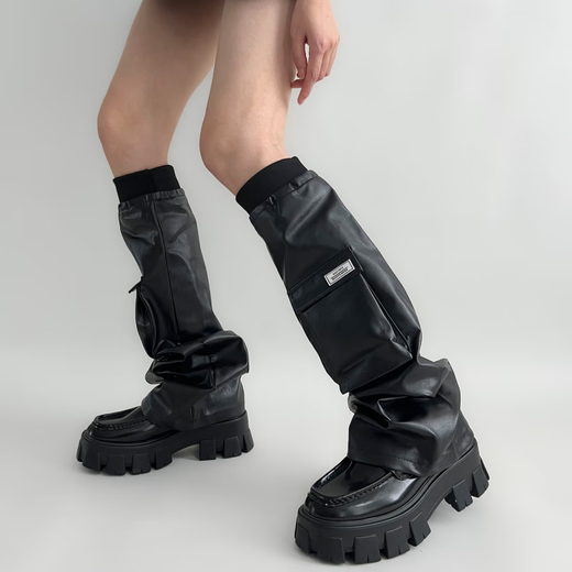 Night Classroom Leather Socks for Women Dark Functional Style Sweet and Cool Leg Sleeves Black Pocket Design Black One Size