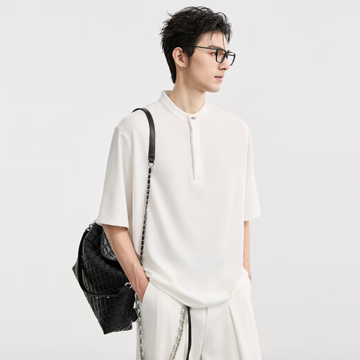 Earl Zall cool Henry collar Earl Zall summer small stand-up collar short-sleeved POLO shirt men's loose quick-drying anti-wrinkle T-shirt Sea Salt White M