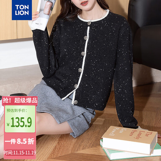 TonLion 2025 Autumn and Winter Small Fragrance Style Sequined Yarn Women's Round Neck Sweater Cardigan