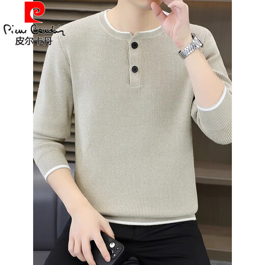 Pierre Cardin autumn and winter new Henry collar button sweater men's casual jacquard pullover fake two-piece sweater trendy apricot M 90-105Jin Jin is equal to 0.5 kg