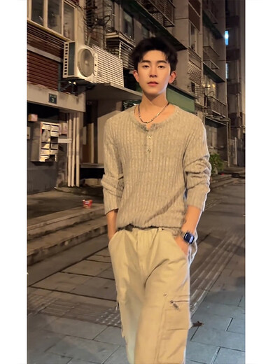 Yingtang Henry Collar Vertical Striped Sweater Men's Autumn Long Sleeve Top Loose Lazy Loose Feeling Bottoming Sweater Gray M One Size