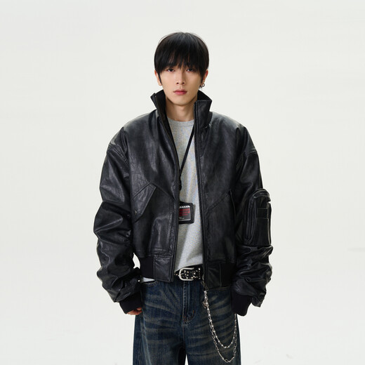 Weilang's shop winter American retro distressed aviator leather jacket cotton jacket men's handsome stand-up collar jacket coat couple New Year black L