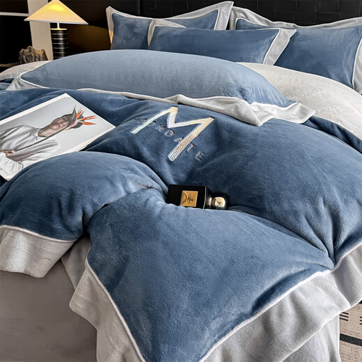 Nanjiren Jiangsu Nantong milk velvet four-piece set Class A maternal and infant grade double-sided velvet baby velvet coral velvet wide-brimmed quilt cover Maria Velvet - Bentley Blue + Star Gray Sheet Style 1.8m Four-piece Set - Quilt Cover 200x230cm
