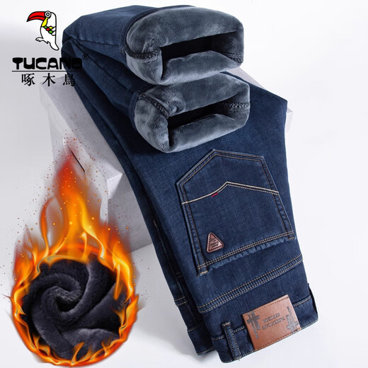 啄木鸟牛仔裤男加绒加厚男士秋冬季新款保暖宽松直通休闲弹力保暖长裤子 深蓝色 加绒加厚 32 （建议130-155斤）