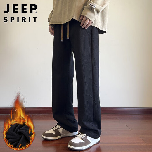 JEEP SPIRIT Jeep texture casual pants men's spring and summer loose straight sports drape sweatpants black plus velvet XL