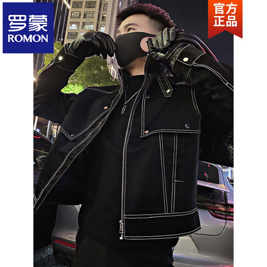 ROMON Contrast Color Leather Men's Spring and Autumn Trendy Brand Handsome Jacket 2026 New Men's Trendy Casual Jacket Black XL Recommended 135-145 Jin Jin equals 0.5 kg