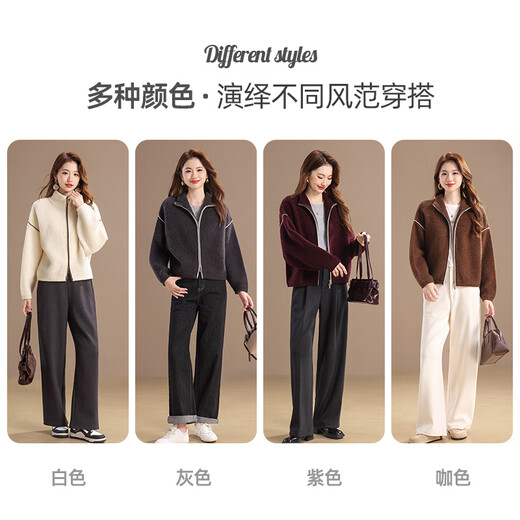 Qianbainian 100% sheep wool thickened warm cardigan sweater for women autumn and winter new double-sided zipper stand collar loose jacket red L