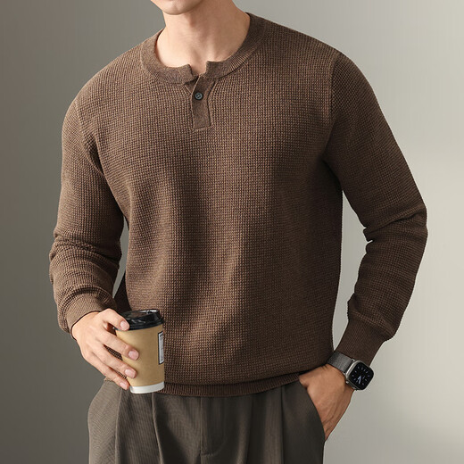 New Balance high-end lazy style heavy sweater men's trendy brand loose autumn and winter Henry collar casual simple warm sweater for men brown L