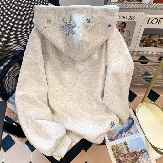 雪花星星刺绣连帽卫衣男秋季重磅廓形宽松oversize高街百搭外套男 浅灰色 L 建议100-120斤