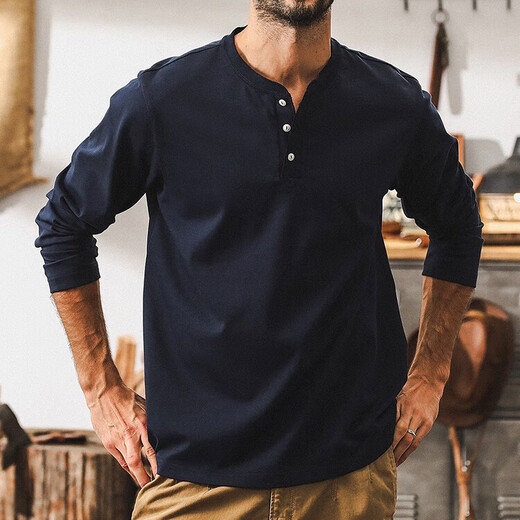 Jeanswest American retro 300g heavyweight long-sleeved T-shirt for men in autumn 2025 new trendy brand loose Henry collar Polo shirt for men, navy blue 300g heavyweight 2XL suitable for 160-180Jin Jin equals 0.5 kg