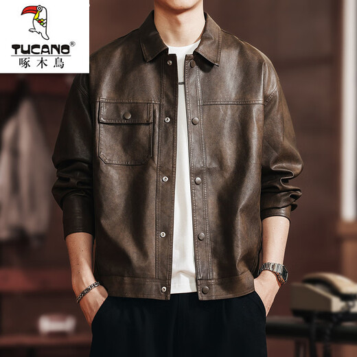 Woodpecker 2026 new leather jacket men's autumn American outdoor motorcycle fashion trend retro handsome jacket JK2513 coffee color M 100-125Jin Jin equals 0.5 kg