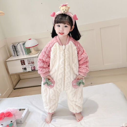 Girls sleeping bag one-piece coral winter thickened double layer baby autumn and winter children's flannel winter pajamas strawberry pink 90