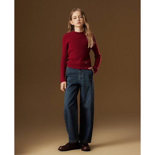 ELLE KIDS复古百搭弯刀休闲裤女童装女童冬季连腰保暖磨毛牛仔裤子