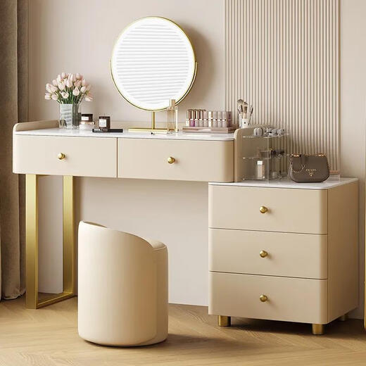 Chugouxiang's new light luxury combination solid wood dressing table, bedside storage cabinet, integrated women's bedroom, modern cream style makeup table, smart mirror - silicone leather - solid wood frame, counter, stool mirror, complete set, length 80cm