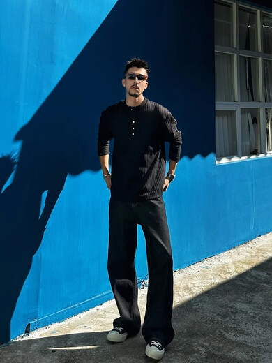 Popular young men's old money style Henry collar bottoming shirt for men in autumn textured long-sleeved inner wear handsome casual top black 2XL one size fits all