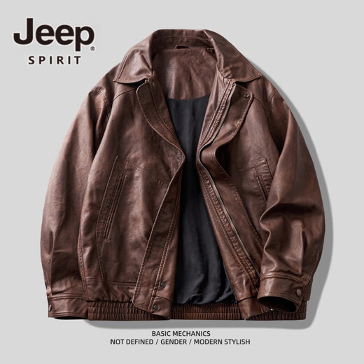 JEEP SPIRIT Jeep high-definition saddle vegetable tanned oil leather motorcycle lapel leather jacket for men 2025 autumn loose leather jacket for men, coffee color, handsome loose version