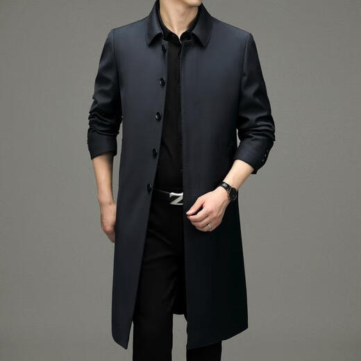 NOSSKISS international brand middle-aged windbreaker men's autumn and winter long knee-length single-breasted coat business casual solid color coat navy one size 185/XXL suitable for 155-170Jin Jin equals 0.5 kg