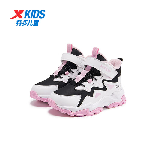Xtep Children's Shoes Girls' Anti-Slip Cotton Shoes Winter Children's Mink Velvet Velcro Sneakers Black/Arctic Peach Pink 32