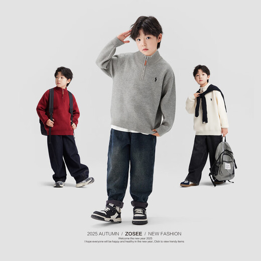 Zuoxi Boys' Sweater Half Zipper Autumn and Winter Clothes 2025 New Children's Sweater Boys Top Trendy Red 150