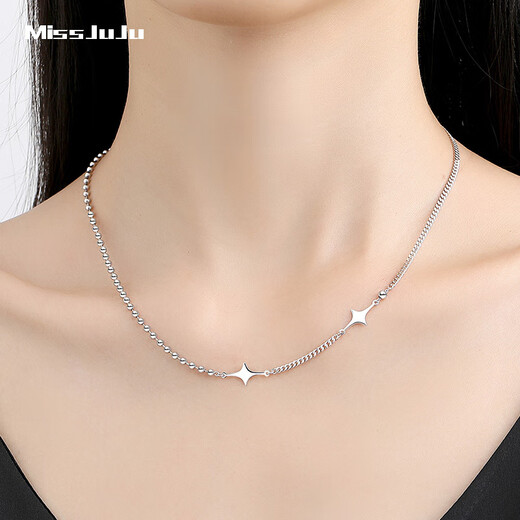 Miss JuJu new pt950 platinum necklace for women platinum bead star side chain AB chain design weight 10.5-10.7g length 42+3cm thick about 2.4mm