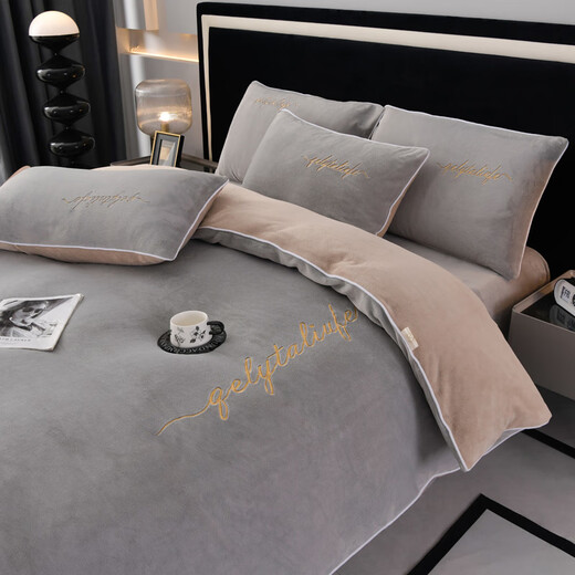 VJEA winter milk velvet four-piece set thickened warm double-sided velvet bed sheet quilt cover anti-static baby velvet high weight elegant - gentleman gray four-piece set 1.8m bed sheet style - quilt cover 200*230cm