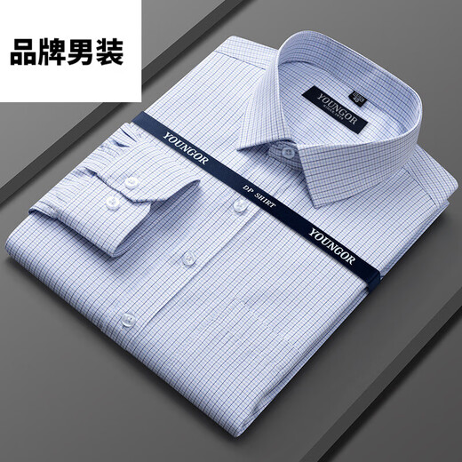 CEO男100%纯棉中年长袖格子条纹衬衫2025商务休闲职业免烫上衣 6629[蓝白格子] 38 [建议100-120斤]