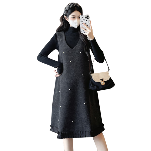 Ran Qiqi pregnant women's vest dress autumn and winter 2025 new autumn two-piece set fashionable sweater large size maternity dress autumn picture color two-piece set XL