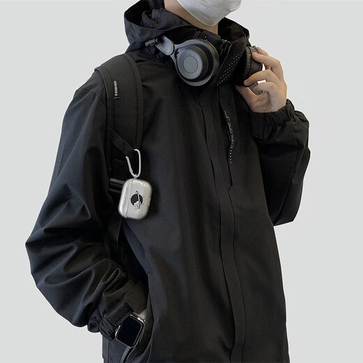 NASA GISS Official Fashion Brand Autumn and Winter Jacket Men's Three-Proof Mountaineering Outdoor Fishing Jacket Hooded Jacket Men Black XL