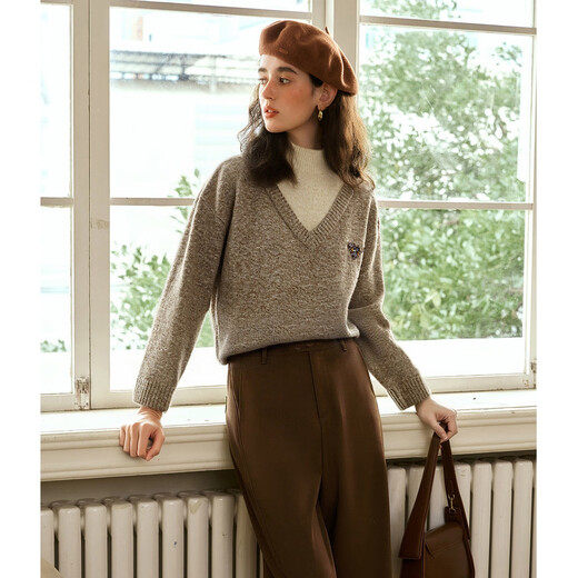 Olrain 2025 new women's winter oatmeal color fake two-piece turtleneck lazy casual pullover sweater oatmeal color S