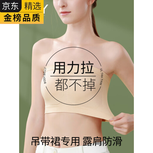 GIOIO Japanese imported brand strapless tube top, wrapped chest, beautiful vest with breast pads, underwear for women, anti-exposure, push-up, no breast pads, breast cover, anti-exposure, skin color + black M (suitable for 80-120Jin Jin equals 0.5 kg)