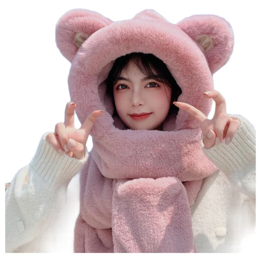 Bear Hat Plus Velvet Thickened Plush Hat Women's Winter Hat Scarf All-in-One Hat Three-piece Set Cute and Versatile Khaki M Label Three-piece Set