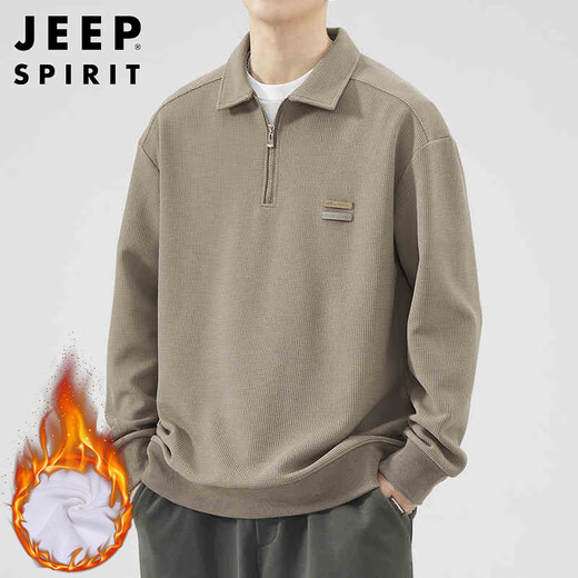 JEEP SPIRIT Jeep sweatshirt men's spring casual POLO shirt top men's lapel long-sleeved T-shirt for men brown plus velvet XL