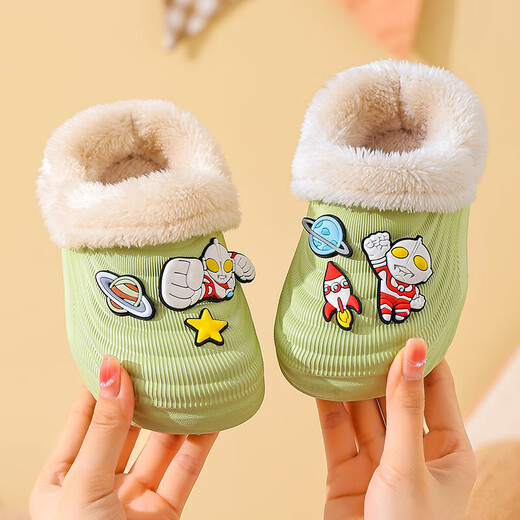 EVA children's cotton slippers Ultraman winter cartoon cute anti-slip plus velvet warm waterproof parent-child cotton shoes EVA warm anti-slip upgraded version green 30 inner length 17-17.5cm