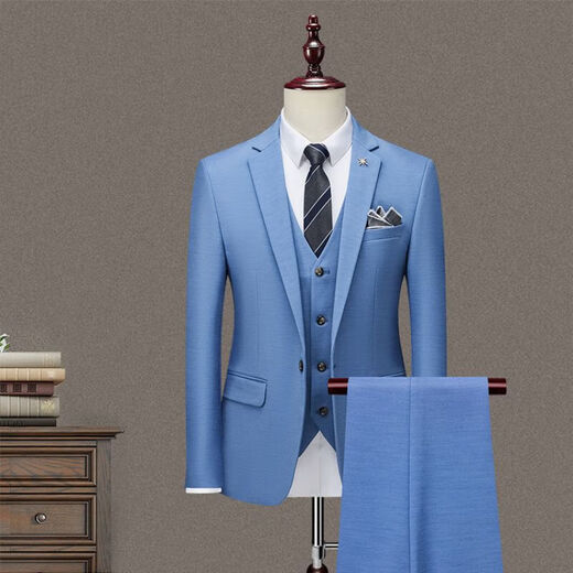 BIEMLFDLKK BG Biyinlefen same style three-piece men's suit suit business professional formal small suit Korean version slim fit denim blue S