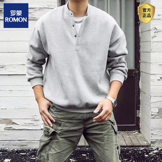 ROMON handsome trendy autumn men's henley collar long-sleeved T-shirt bottoming shirt stand-up collar solid color loose casual pullover sweatshirt gray high quality 3XL recommended 150-165Jin Jin equals 0.5 kg
