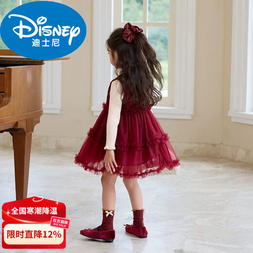 Disney girls dress autumn and winter 2026 new baby New Year's birthday children's winter clothing one-year-old dress skirt red brand red plus velvet + apricot sweater 90