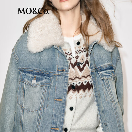 MO&Co. Denim Jacket 2025 Winter New Arrival Cotton Wandering Style Nostalgia White Light Blue Detachable Fur Collar MBE4JKTT03 Denim Blue S /160