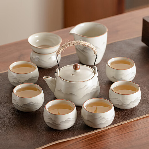 Porcelain Friends Mingshui Mo Guanshan Ru Kiln Tea Set Complete Kung Fu Tea Set Business Holiday Souvenir Gift for Elders Housewarming Gift