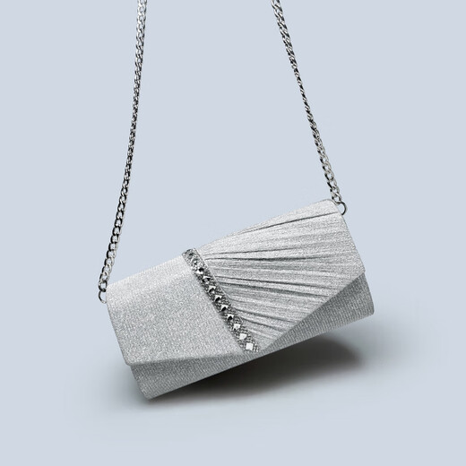 Jane Regina high-end evening dress small clutch silver banquet clutch bag women's diamond pleated bag with cheongsam clutch bag light gray thick long chain + slender chain