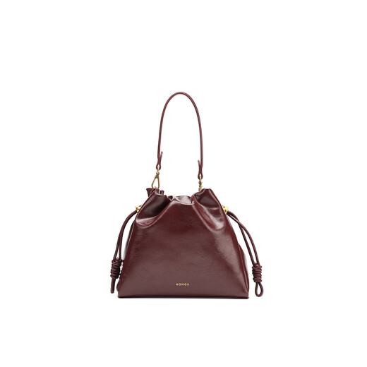 Honggu Bags Women's Bag 2025 New Women's Versatile Bucket Bag First Layer Cowhide Shoulder Underarm Bag Crossbody Handbag Burgundy