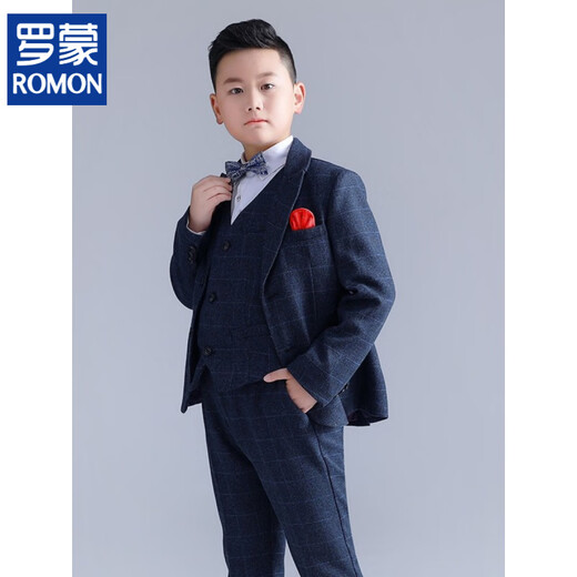 ROMON fat boy suit, spring and autumn, big boy, children's speech suit, dress suit, host costume, recitation competition, all plus velvet, gray and blue plaid jacket + vest + trousers + shirt, free tie, size M 170 (recommended weight 115-130 Jin Jin equals 0.5 kg)